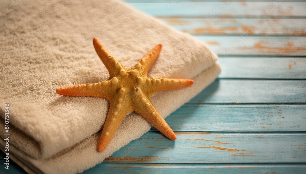 vibrant sea star towel draped elegantly over a rustic blue wooden table, with a real sea star placed beside it, evoking the essence of summer vacation vibrant sea star towel draped elegantly over a rustic blue wooden table, with a real sea star placed beside it, evoking the essence of summer vacation