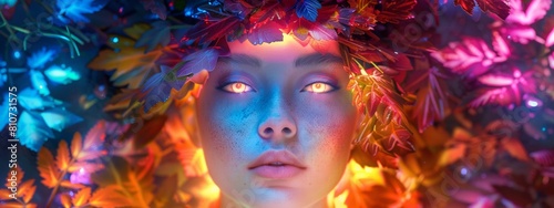 A beautiful woman with crown of colorful flower in front portrait and background with dark space  shining golden light effects and sacred geometry elements around her head.