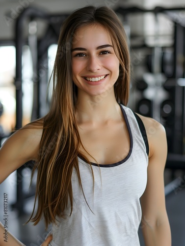 American Female Personal Trainer Smiling with Gym Background