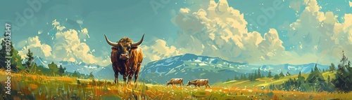 Vector art of a Kobaal, with rugged, horned appearance, guiding a herd of cows through a rolling green landscape photo