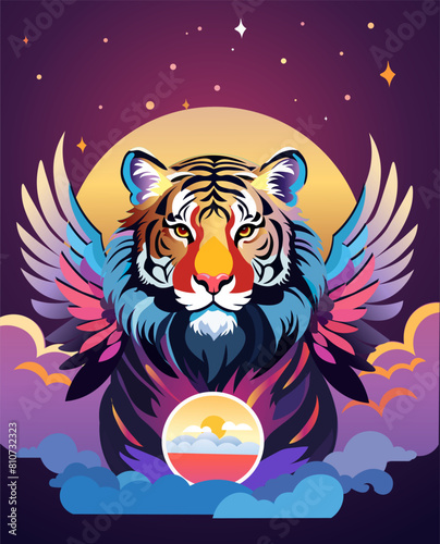 Tiger with wings in the clouds in the blue sky.