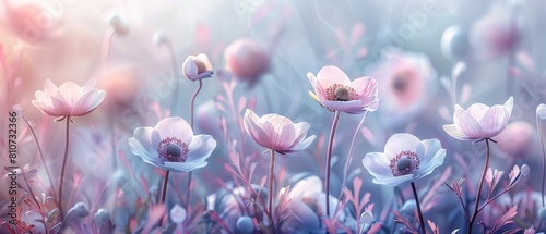 Anemone Blooms wallpaper, with its watercolor touch, showcases exquisite flowers in white, pink, and purple hues, swaying gracefully in the breeze, evoking images of refined gardens and tranquil water © BlockAI