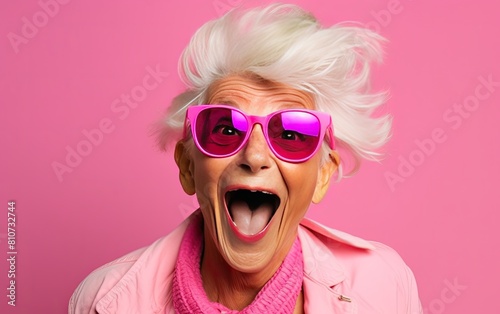Funny elderly woman with silly expression makes gestures, happily and feels proud of her success, smiles gladfully © neirfy
