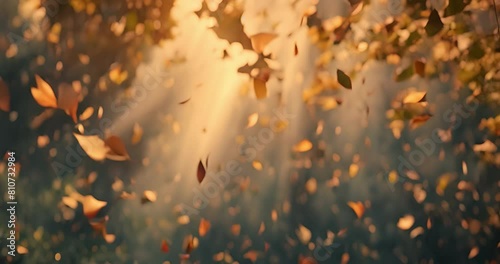 Abstract, art and glow with autumn leaves flying in fall with forest in nature for ecology with shine. Wind, green and natural for plant growth or lens flare with beautiful for fallen leaf in Germany photo