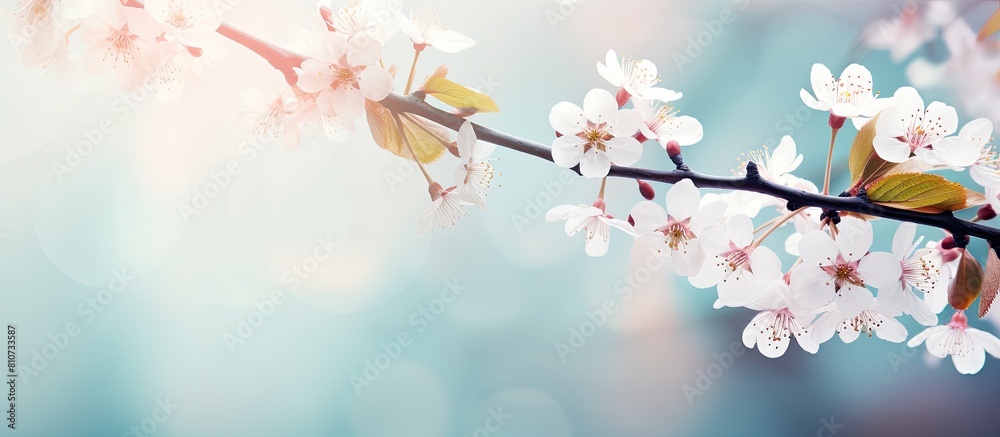Obraz premium Beautiful floral spring background of nature with branches of blooming cherry tree flowers perfect for Easter and spring greeting cards Includes copy space image