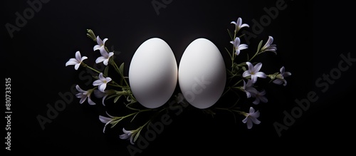 A view from above shows three white Easter eggs resting on a dark background with lavender creating a visually appealing copy space image