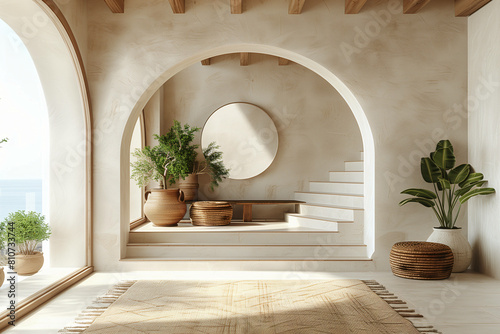 Tranquil Mediterranean Entryway with Archways and Lush Greenery photo