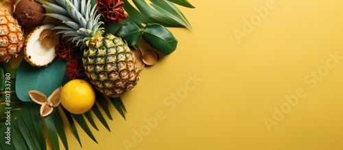 Top view of a creative advertising design featuring a fashionable colored summer layout of gold painted fruits a tropical leaf a pineapple and a coconut on a vibrant background providing ample copy s