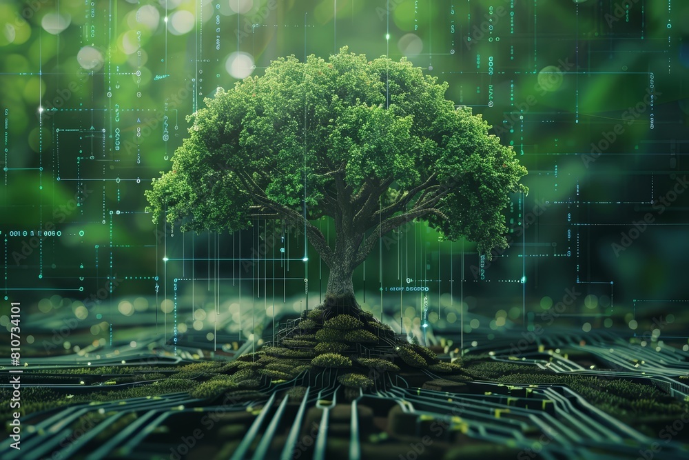 The growth of a tree in cyberspace symbolizes ecological IT development, merging nature with technology, Sharpen banner template with copy space on center The growth of a tree in cyberspace symbolizes ecological IT development, merging nature with technology, Sharpen banner template with copy space on center