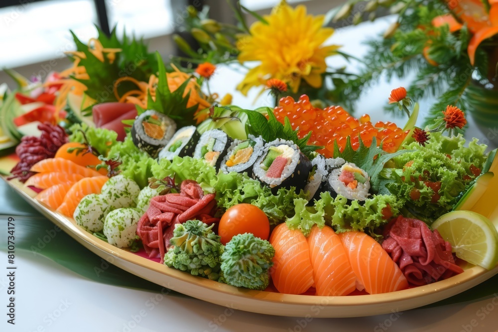 Various Vegetables And Healthy Food In a sumptuous sushi platter showcases an array of colors and textures, making it a feast for the eyes Various Vegetables And Healthy Food In a sumptuous sushi platter showcases an array of colors and textures, making it a feast for the eyes