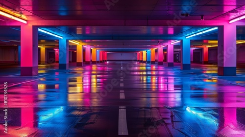 Neon-lit empty parking garage with vibrant colors reflecting on wet floor