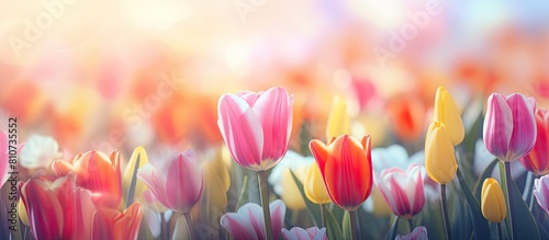 Tulip flowers blooming in a beautiful display. Creative banner. Copyspace image photo