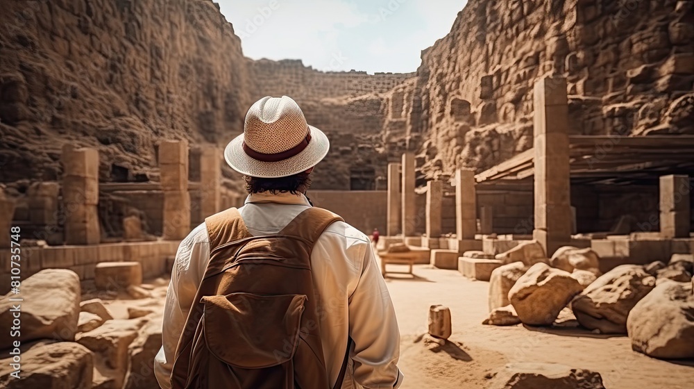 Naklejka premium A male archaeologist stands in front of the excavations of an ancient civilization in the desert. A traveler adventurer has found a secret lost city.