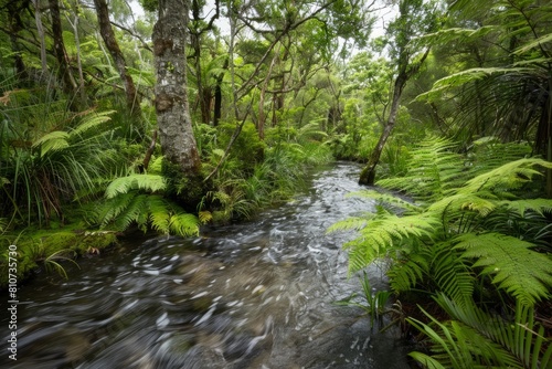 A stream of water flows through a vibrant green forest filled with lush vegetation and trees
