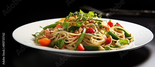 A delicious dish of spaghetti combined with a medley of fresh summer vegetables served as a mouth watering meal copy space image