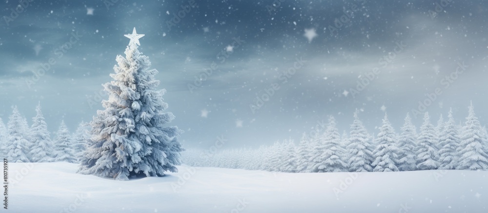 A serene winter scene of a Christmas tree decorated with snow covered fir branches creating a frosty wonderland The background features gentle snowflakes adding to the calm ambiance of the upcoming N