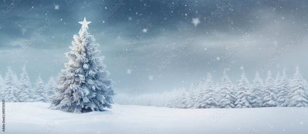 A serene winter scene of a Christmas tree decorated with snow covered fir branches creating a frosty wonderland The background features gentle snowflakes adding to the calm ambiance of the upcoming N A serene winter scene of a Christmas tree decorated with snow covered fir branches creating a frosty wonderland The background features gentle snowflakes adding to the calm ambiance of the upcoming N
