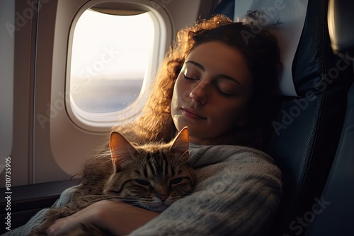 A young beautiful woman sleeps near an airplane window hugging a cat during a flight. A tired girl dozes on an airplane with a view of the sunset  dawn.
