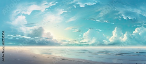 The damp beach sand reflects the cloudy sky of the late afternoon in a serene and beautiful manner 99 characters. Creative banner. Copyspace image © HN Works