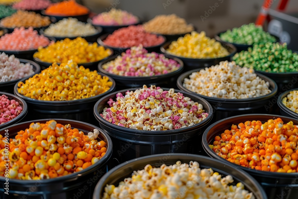 Closeup view of many buckets filled with various popcorn varieties placed on a table