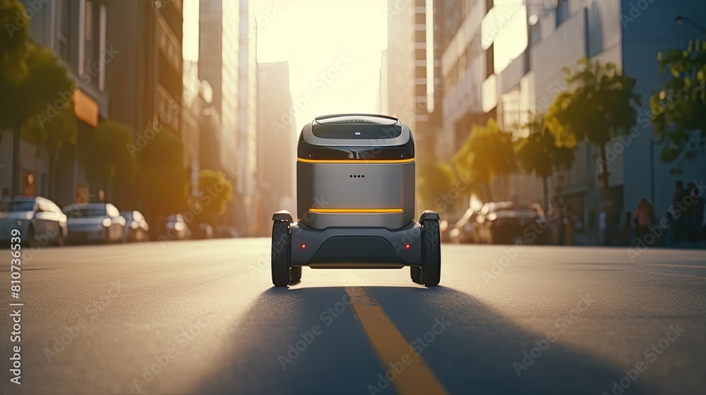 A robot courier delivering goods on wheels rides along a deserted city street. Unmanned logistics service technology.