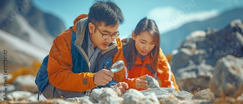 Magnifying glass-wielding Asian male and female geologist researchers examine rocks photo