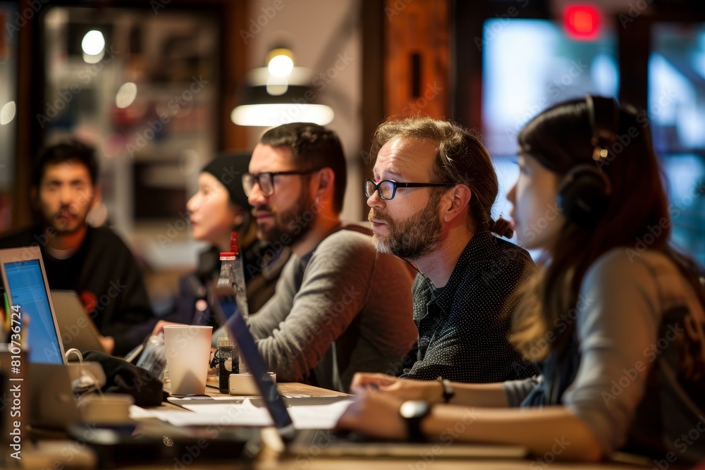 A group of individuals sitting in front of computers, deeply focused on programming tasks at a technology hackathon event