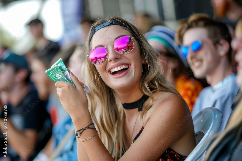 A person joyfully holds up a deck of cards in front of a lively crowd at a music festival