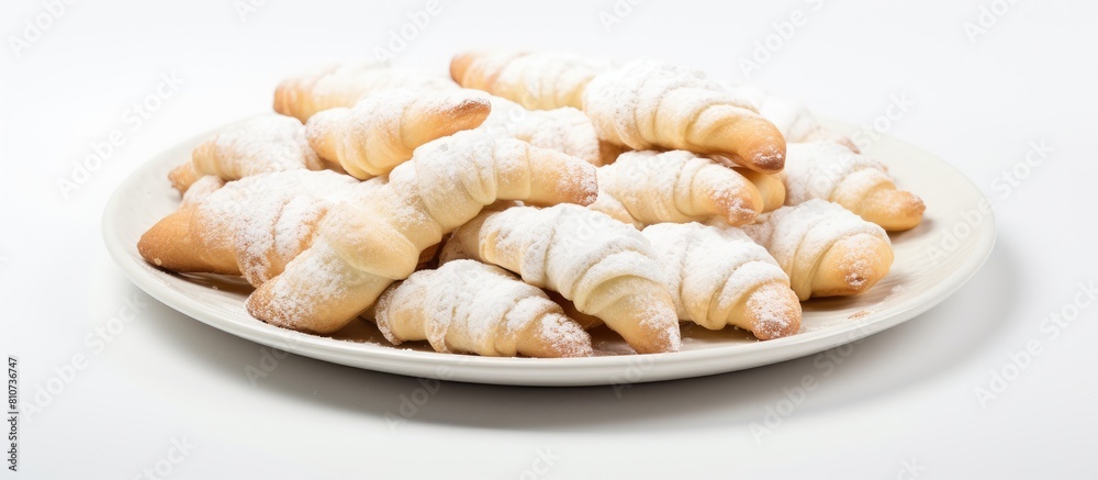 A Christmas themed image of German pastries specifically vanilla crescent vanillekipferl displayed on a white plate against a white background. Creative banner. Copyspace image A Christmas themed image of German pastries specifically vanilla crescent vanillekipferl displayed on a white plate against a white background. Creative banner. Copyspace image