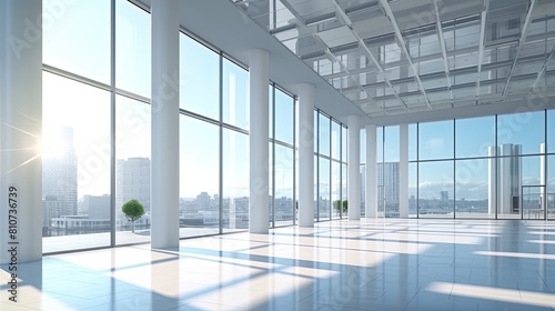 Interior of a large glazed modern office building, business center on a bright sunny day. Large windows show blue sky on a sunny day.