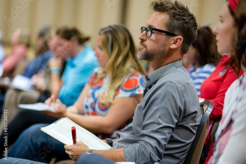 A group of people sitting closely together in a lecture hall, taking notes and engaging in discussions led by a keynote speaker during a professional development seminar