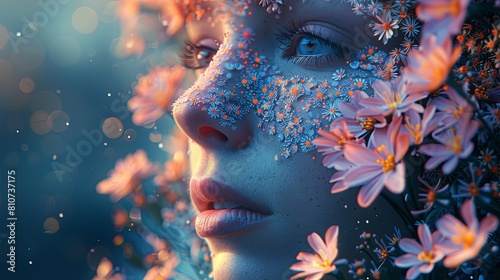 a close up of a woman s face with flowers on it photo