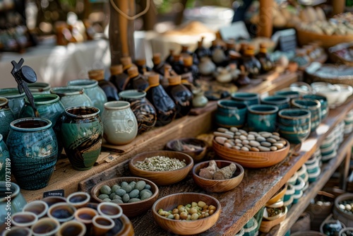 A variety of different colored vases displayed on a table at a vibrant artisan market filled with handcrafted goods