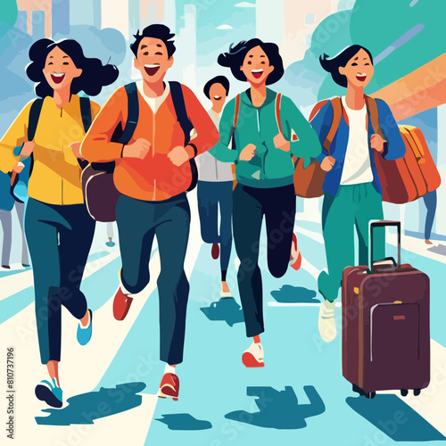 People of different ethnicities dashing down the street with bags, illustrating a sense of haste and purpose.