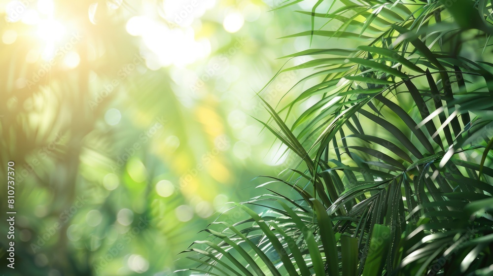 Rays of the sun through palm leaves. Soft focus. Jungle nature. Close-up of a saturated green palm leaf Rays of the sun through palm leaves. Soft focus. Jungle nature. Close-up of a saturated green palm leaf