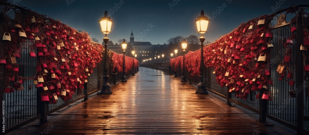 The bridge in Krakow is adorned with love lockers creating a charming and romantic atmosphere. Creative banner. Copyspace image The bridge in Krakow is adorned with love lockers creating a charming and romantic atmosphere. Creative banner. Copyspace image