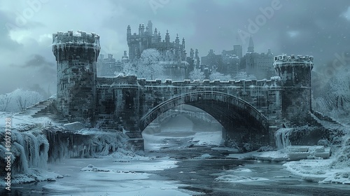 Majestic snowy fortress standing firm with arched viaduct over frozen river photo
