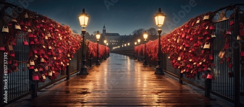 The bridge in Krakow is adorned with love lockers creating a charming and romantic atmosphere. Creative banner. Copyspace image photo