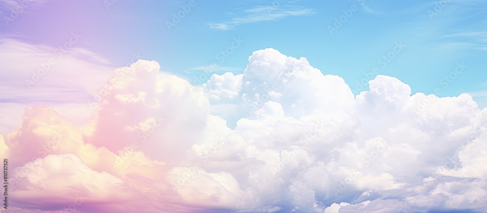 An upward view reveals a picturesque scene of pastel colors with rainbow shades White fluffy clouds stand out against a backdrop of a colorful blue sky This copy space image captures the beauty of na An upward view reveals a picturesque scene of pastel colors with rainbow shades White fluffy clouds stand out against a backdrop of a colorful blue sky This copy space image captures the beauty of na