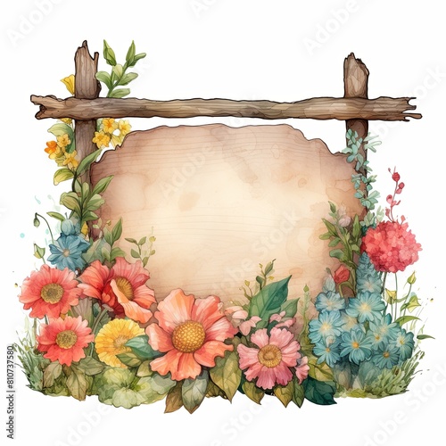 A wooden sign surrounded by flowers watercolor clipart illustration on white background photo