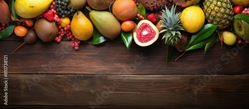 A selection of freshly picked tropical fruits including mango tamarind avocado and rambutan displayed on a rustic wooden background The top view allows for copy space to be available photo