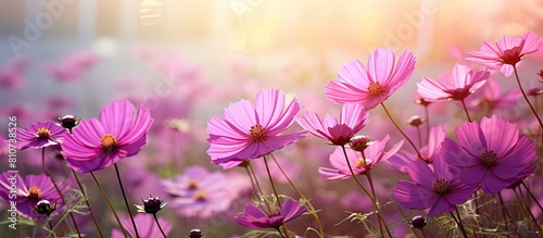 Purple sweet cosmos flowers blooming in the garden with a picturesque background for a copy space image