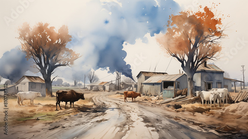 Watercolor painting of Cattle graze in a dusty rural village under a dramatic, smoky sky, creating a poignant, almost surreal scene. photo