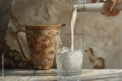The process of pouring milk into a cut glass photo