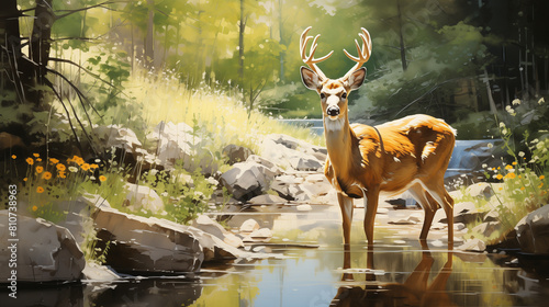 Watercolor painting of A majestic deer stands in a sun-dappled forest creek, surrounded by lush foliage and vibrant wildflowers, in a serene natural setting.