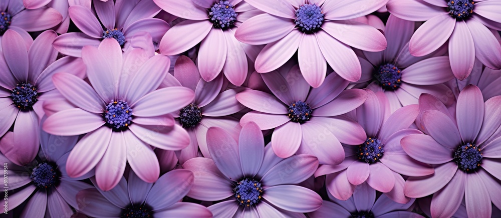 A stunning display of vibrant cineraria flowers against a neutral grey backdrop inviting viewers to easily incorporate their own message within the image. Creative banner. Copyspace image