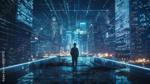 A business man stands in the center of an empty futuristic city  surrounded by glowing data streams and holographic screens.