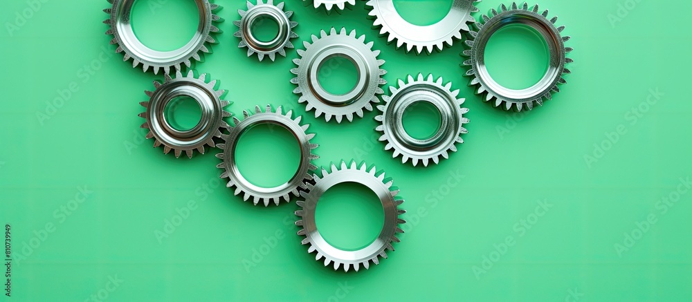 Flat lay of various stainless steel gears on a light green background providing ample space for accompanying text in the image