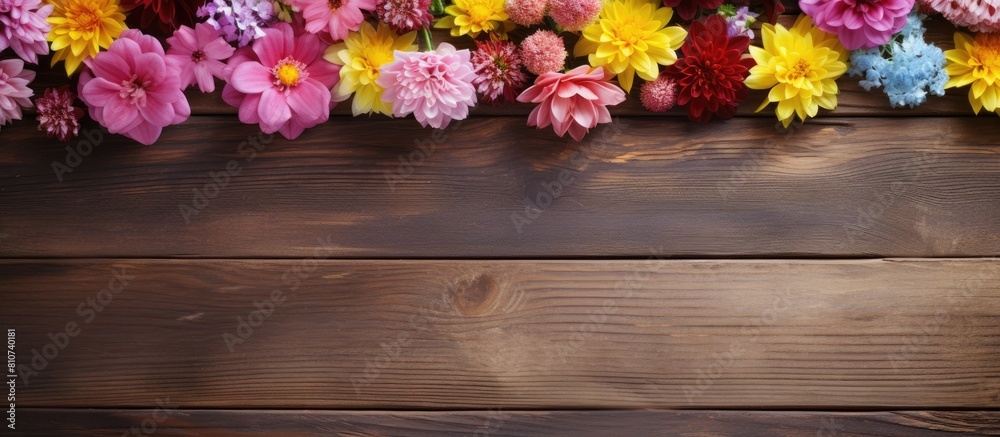 A copy space image with a group of flowers arranged on a wooden backdrop A copy space image with a group of flowers arranged on a wooden backdrop