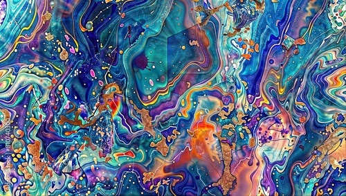 Stunning abstract digital artwork with cosmic, fluid forms in shades of blue, purple, and gold, featuring intricate patterns, swirls, and glowing accents, creating a psychedelic, galactic feel.